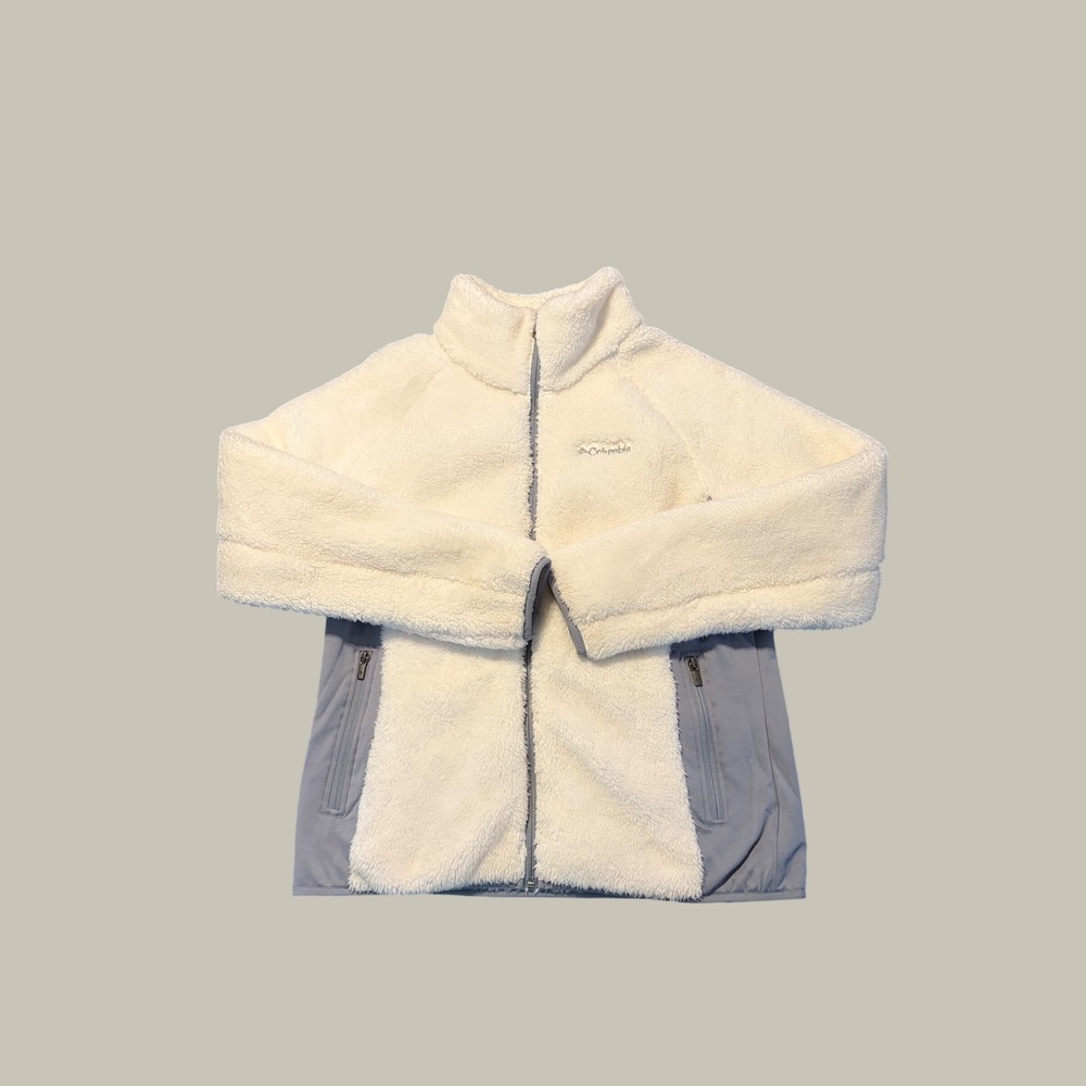 Columbia Womens XL Sherpa Fleece Full Zip Jacket Cream Blue Mock Neck Raglan